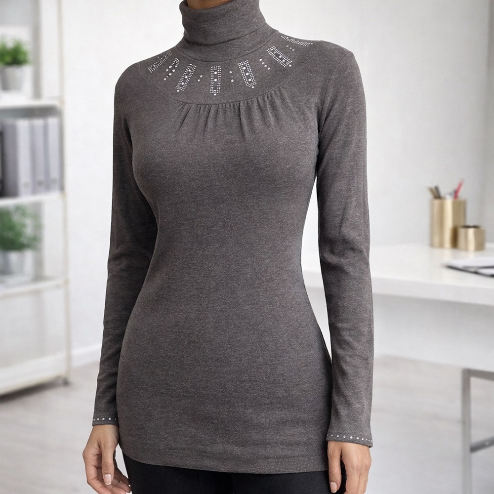 Grey Rhinestone Turtleneck Top | Stretch Knit Embellished Long Sleeve